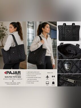 Pajar Canada Black Quilted Nylon Tote Bag Travel Gym Weekender Shoulder Bag